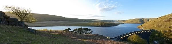 A panoramic view of Craig Goch reservoir, Elan Valley, Cambrian Mountains, Powys, Wales, United Kingdom, Europe