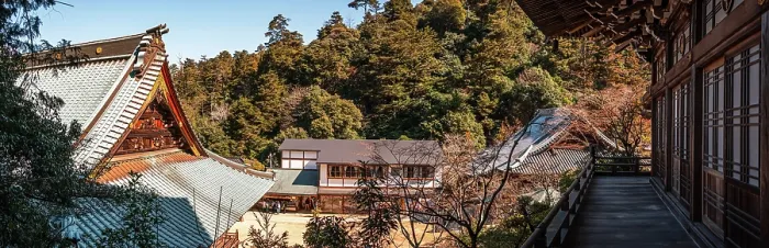Framed Print : Panoramic view over the Daishoin temple area in Miyajima, Hiroshima, Japan