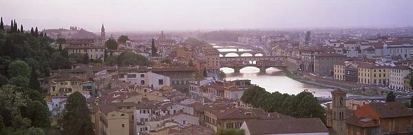 Panoramic view at dusk over Florence showing River
