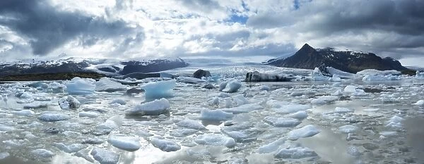 Panoramic view of Fjallsarlon, a glacial lake fed by Fjallsjokull at the south end of the Vatnajokull icecap showing icebergs floating on the surface of the lake, near Jokulsarlon, South Iceland, Iceland, Polar Regions