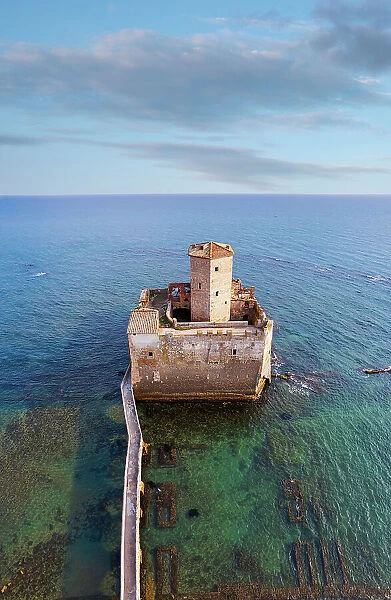 Panoramic view of the fortified castle of Torre Astura built in the water above the ruins of a Roman villa, Tyrrhenian Sea, Latium (Lazio), Italy, Europe