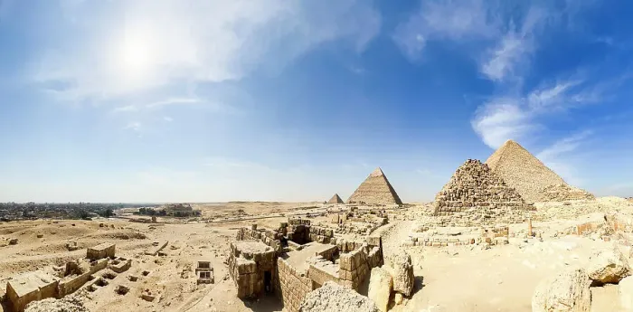 Framed Print : Panoramic view of the Great Pyramid of Giza complex, the oldest of the Seven Wonders of the World, UNESCO World Heritage Site, Giza, Cairo, Egypt, North Africa Framed Print : Panoramic view of the Great Pyramid of Giza complex, the oldest of the Seven Wonders of the World, UNESCO World Heritage Site, Giza, Cairo, Egypt, North Africa