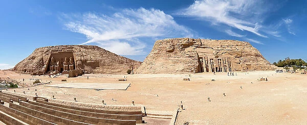 Panoramic view of the Great Temple of Abu Simbel on the and the temple of Hathor and Nefertari on the right, UNESCO World Heritage Site, Abu Simbel, Egypt, North Africa, Africa
