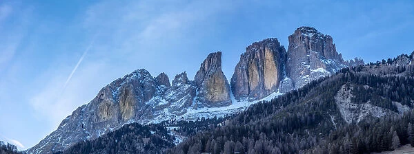 Panoramic view of Grohmannspitze Punta Grohmann at dusk in winter, Val di Fassa, Trentino
