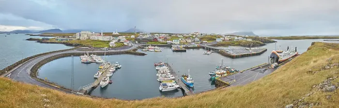 Framed Print : A panoramic view of the harbour at Stykkisholmur, on the north coast of the Snaefellsnes peninsula, western Iceland, Polar Regions Framed Print : A panoramic view of the harbour at Stykkisholmur, on the north coast of the Snaefellsnes peninsula, western Iceland, Polar Regions