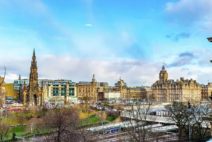 Framed Print : Panoramic view of a historic cityscape with a prominent monument and classical architecture under a blue sky with clouds, Edinburgh, Scotland, United Kingdom, Europe Framed Print : Panoramic view of a historic cityscape with a prominent monument and classical architecture under a blue sky with clouds, Edinburgh, Scotland, United Kingdom, Europe