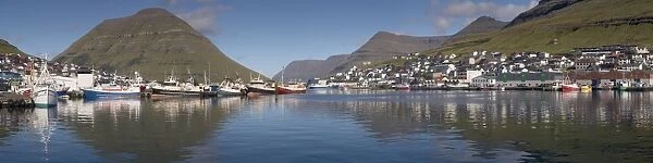 Panoramic view of Klaksvik, fishing boats and harbour, second largest town in the Faroes