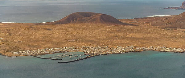 Panoramic view of La Graciosa Island with Caleta del Sebo town from Mirador del Rio, Lanzarote, Las Palmas, Canary Islands, Spain, Atlantic, Europe