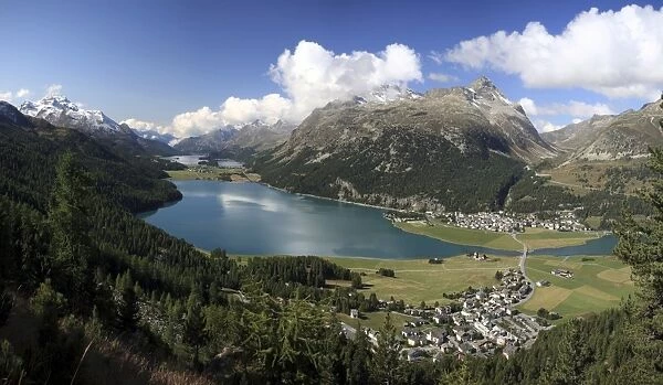 Panoramic view of Lakes Silvaplana and Surley, Julier Pass, Engadine, Canton of Graubunden