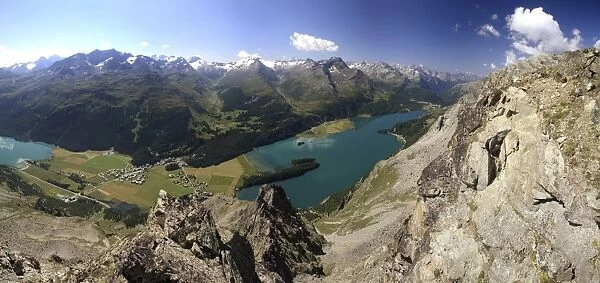 Panoramic view of lakes, St. Moritz, Engadine, Canton of Graubunden, Switzerland, Europe