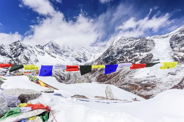 Framed Print : Panoramic View of Langtang Lirung and Langtang Valley Framed by Colorful Prayer Flags on Snowy Kyanjin Ri Summit, Langtang National Park Framed Print : Panoramic View of Langtang Lirung and Langtang Valley Framed by Colorful Prayer Flags on Snowy Kyanjin Ri Summit, Langtang National Park