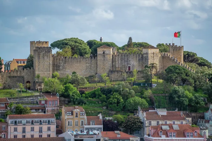 Framed Print : Panoramic view of Lisbon Castle from Miradouro da Senhora do Monte scenic point on a sunny day in the Alfama District, Lisbon, Portugal, Europe