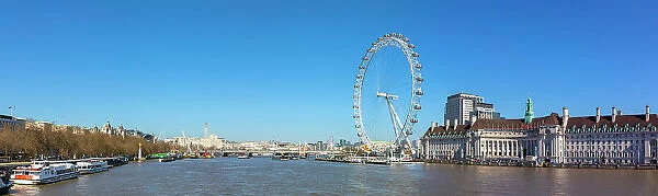 Panoramic view of London Eye, London County Hall building, River Thames, London, England, United Kingdom, Europe
