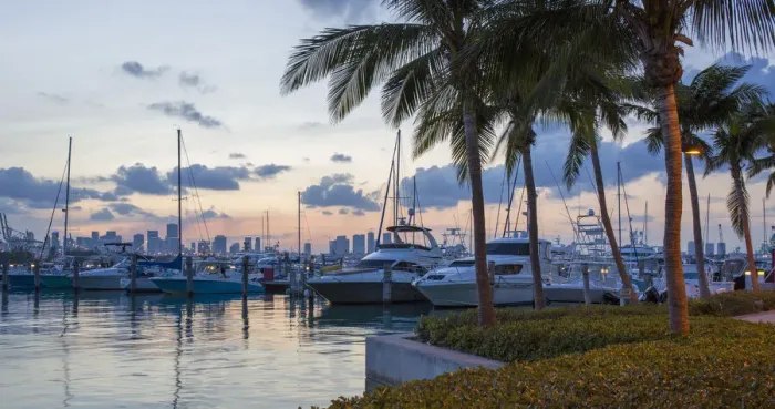 Framed Print : Panoramic view across marina from South Pointe Park, dusk, Downtown Miami in background Framed Print : Panoramic view across marina from South Pointe Park, dusk, Downtown Miami in background