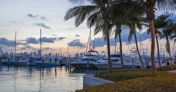 Panoramic view across marina from South Pointe Park, dusk, Downtown Miami in background
