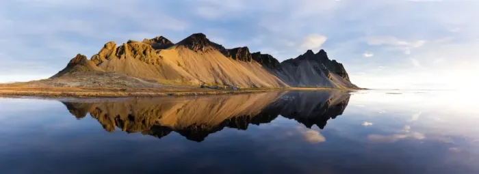 Framed Print : Panoramic view of mountains of Vestrahorn and perfect reflection in shallow water Framed Print : Panoramic view of mountains of Vestrahorn and perfect reflection in shallow water
