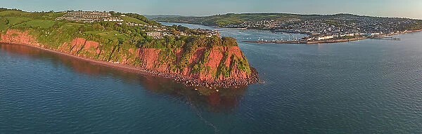 A panoramic view across the Ness headland to the mouth of the River Teign and the harbour and tourist resort of Teignmouth, on the south coast of Devon, England, United Kingdom, Europe
