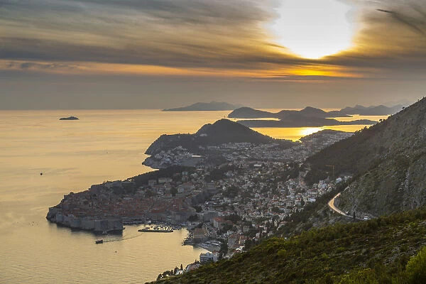 Panoramic view of the Old Walled City of Dubrovnik at sunset, UNESCO World Heritage Site