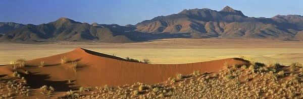 Panoramic view over orange sand dunes towards mountains