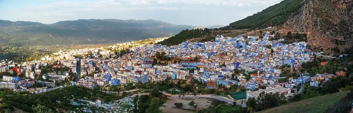 Framed Print : Panoramic view of sunrise over the skyline of the Chefchaouen Medina, Chefchaouen, Morocco Framed Print : Panoramic view of sunrise over the skyline of the Chefchaouen Medina, Chefchaouen, Morocco
