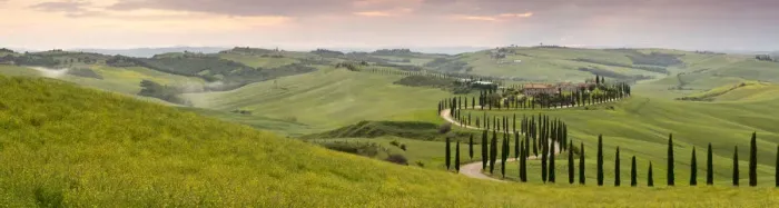 Framed Print : Panoramic view of sunset over the Agriturismo Baccoleno and winding path with cypress trees Framed Print : Panoramic view of sunset over the Agriturismo Baccoleno and winding path with cypress trees