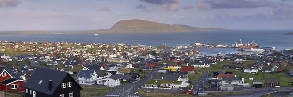 Panoramic view of Torshavn and harbour (Nolsoy in the distance), capital of the Faroe Islands
