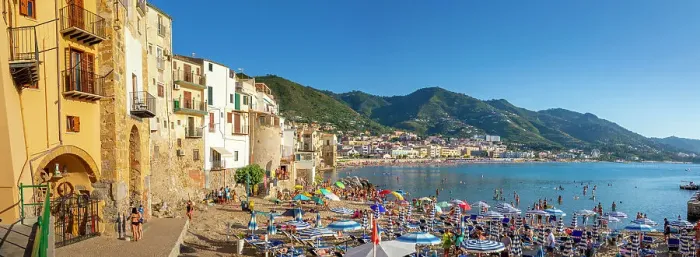 Framed Print : Panoramic view of tourists on beach, mountains in background, Cefalu, Province of Palermo, Sicily, Italy, Mediterranean, Europe Framed Print : Panoramic view of tourists on beach, mountains in background, Cefalu, Province of Palermo, Sicily, Italy, Mediterranean, Europe