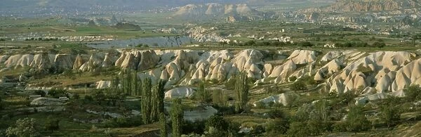 Panoramic view of tufa formations near the town of Uchisar