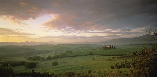 Panoramic view of Val d Orcia at dawn