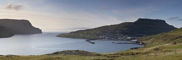 Panoramic view of village of Eidi and Sundini fjord, Eysturoy, Faroe Islands (Faroes)