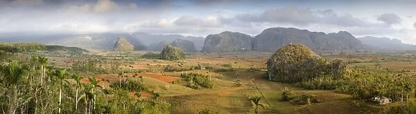 Panoramic view of the Vinales Valley showing limestone hills known as Mogotes