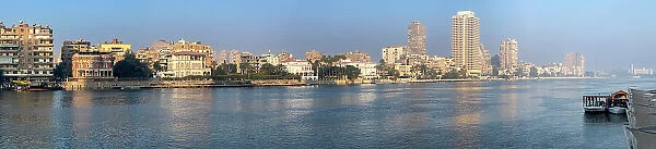 A panoramic view of the waterfront along the West Bank of the Nile River, Cairo, Egypt, North Africa, Africa