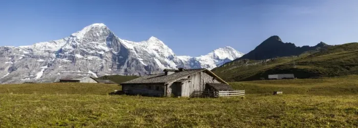 Framed Print : Panoramic view of wood hut with Mount Eiger in the background, Grindelwald, Bernese Oberland Framed Print : Panoramic view of wood hut with Mount Eiger in the background, Grindelwald, Bernese Oberland
