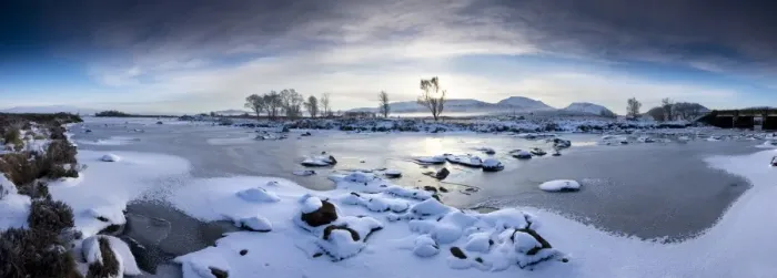 Framed Print : Panoramic winter view over frozen Loch Ba at dawn, Rannoch Moor, Highland Framed Print : Panoramic winter view over frozen Loch Ba at dawn, Rannoch Moor, Highland
