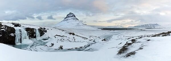 Panoramic winter view of Kirkjufell (Church Mountain), Grundafjordur, Snaefellsnes Peninsula
