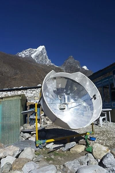 Parabolic solar powered cooker in Pheriche, Sagarmatha National Park, UNESCO World Heritage Site, Solukhumbu District, Nepal, Himalayas, Asia
