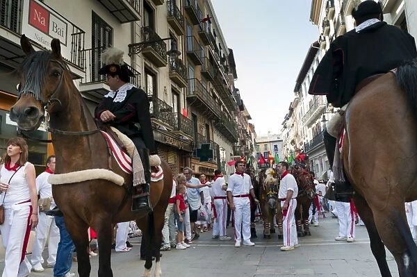 Parade of bullfight horsemen and mules, San Fermin festival, Pamplona, Navarra (Navarre)