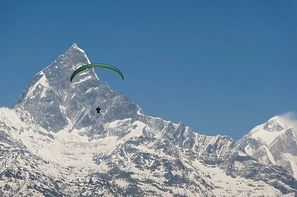 A paraglider hangs in the air with the dramatic peak of Machapuchare (Fishtail mountain)