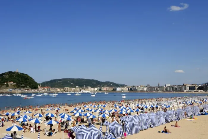 Framed Print : Parasols on the beach and town view, San Sebastian, Basque country, Euskadi Framed Print : Parasols on the beach and town view, San Sebastian, Basque country, Euskadi