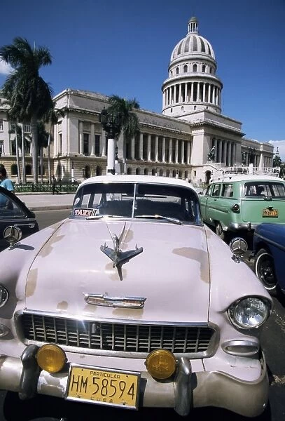 Parliament House and 1950s American cars, Havana, Cuba, West Indies, Central America