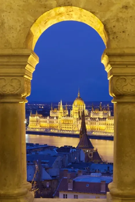 Framed Print : Parliament (Orszaghaz) through arches of Fishermens Bastion (Halaszbastya) at dusk, UNESCO World Heritage Site, Budapest, Hungary, Europe Framed Print : Parliament (Orszaghaz) through arches of Fishermens Bastion (Halaszbastya) at dusk, UNESCO World Heritage Site, Budapest, Hungary, Europe