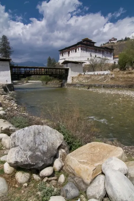 Framed Print : The Paro Tsong (a old castle) and a wooden covered bridge, Paro, Bhutan, Asia