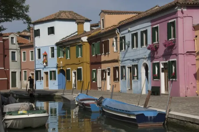 Framed Print : Pastel coloured houses by a canal in Burano, Venetian Lagoon, Venice, Veneto