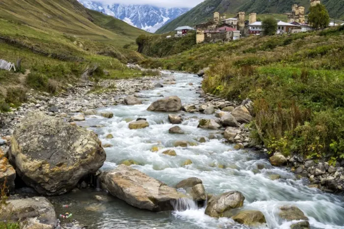 Framed Print : Patara Enguri River and traditional medieval Svanetian tower houses, Ushguli village Framed Print : Patara Enguri River and traditional medieval Svanetian tower houses, Ushguli village