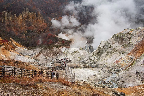 Pathway through steaming Sulphur pits, Hell Valley, Shikotsu-Toya National Park, Noboribetsu, Hokkaido, Japan, Asia