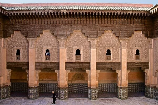 Patio, students rooms windows and walls with floral and geometrical motifs, Koranic School of Medersa Ben Youssef dating from 1570, UNESCO World Heritage Site, Marrakech, Morroco, North Africa, Africa