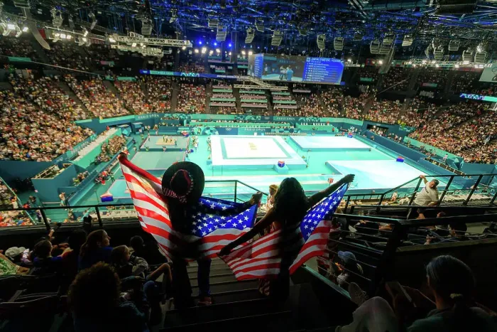 Framed Print : Patriotic American Women cheering on team usa gymnastics at the Paris 2024 Olympics, Bercy Arena, Paris, France, Europe Framed Print : Patriotic American Women cheering on team usa gymnastics at the Paris 2024 Olympics, Bercy Arena, Paris, France, Europe