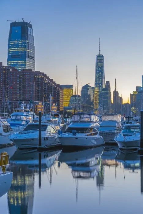 Framed Print : Paulus Hook, Morris Canal Basin, Liberty Landing Marina, with New York skyline of Manhattan