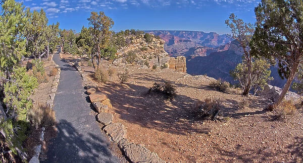The paved rim trail along the cliffs of Grand Canyon South Rim between the Trailview Overlook East Vista and the West Vista, Grand Canyon, UNESCO World Heritage Site, Arizona, United States of America, North America