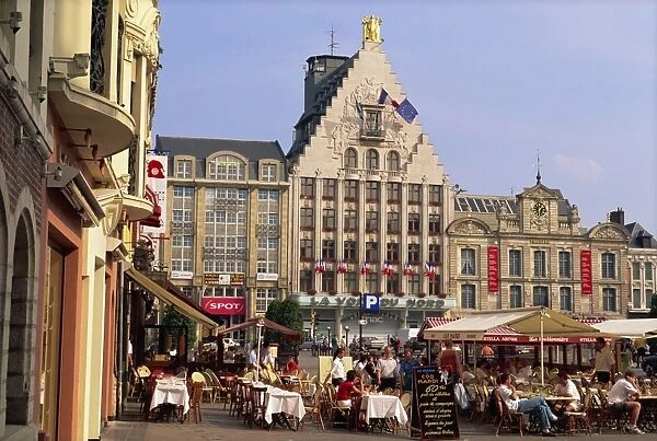 Pavement cafes and old buildings on the Grand Place in the city of Lille